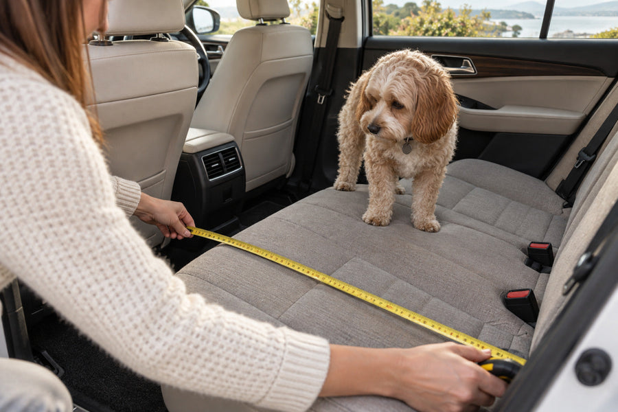 Tape measure stretched across a car's back seat while a small dog watches