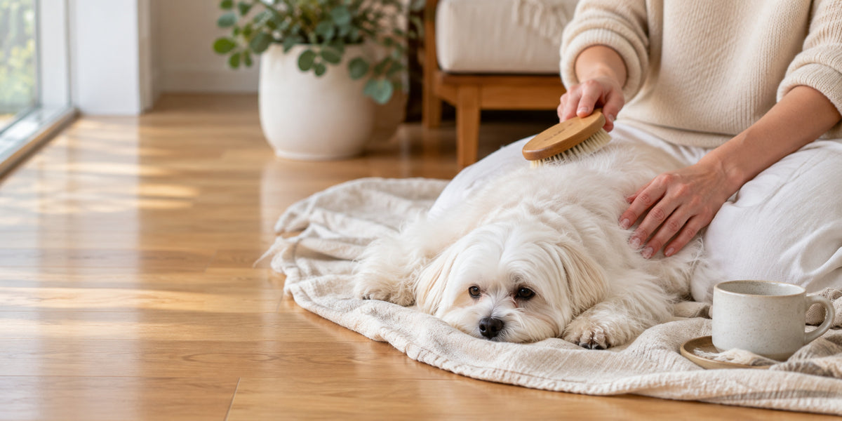 Owner brushing a small white Maltese lying on a linen throw