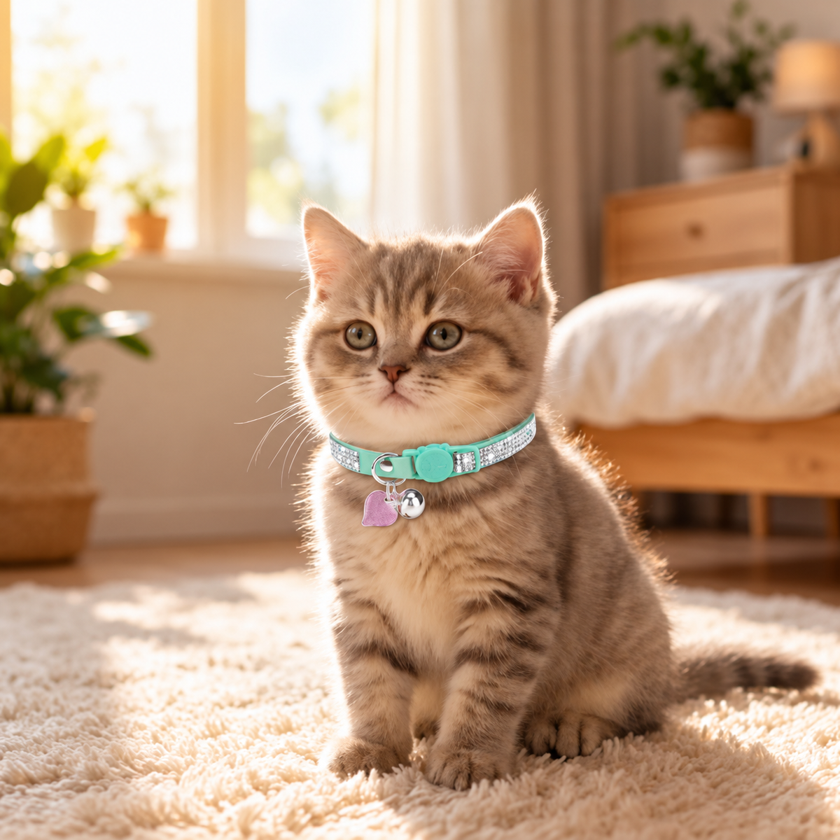A tabby kitten sitting on a rug in a sunlit bedroom, wearing a mint rhinestone collar with a heart charm and bell