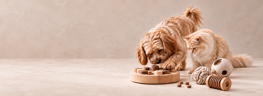 A dog and a cat investigating a wooden puzzle feeder together