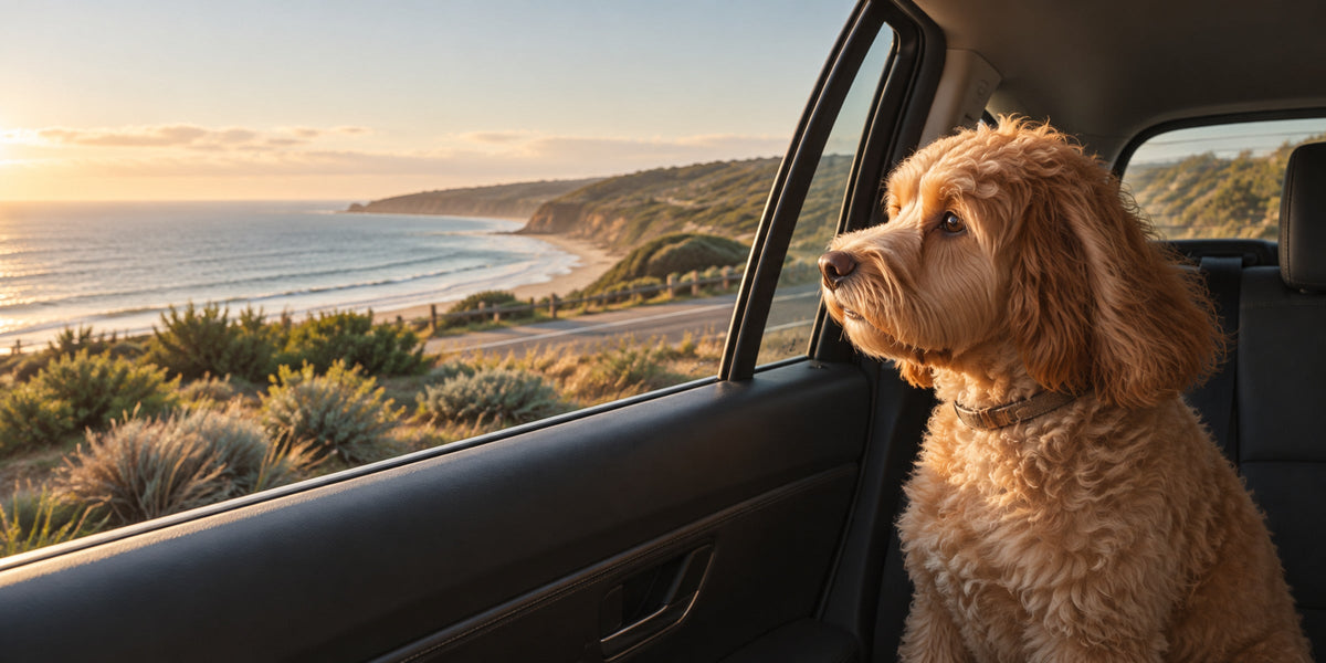 Apricot cavoodle looking out the back window of a car on a coastal road
