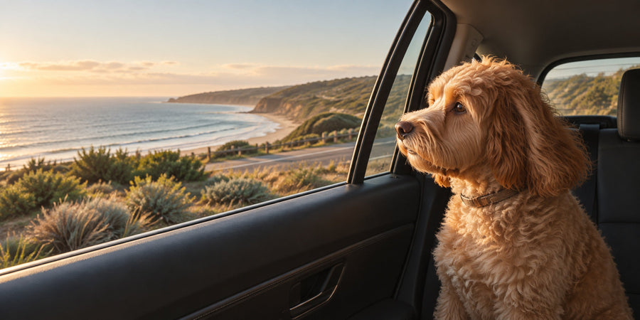 Apricot cavoodle looking out the back window of a car on a coastal road