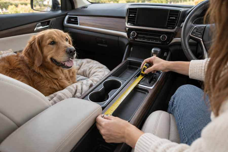 Hands measuring a car's centre console with a tape measure