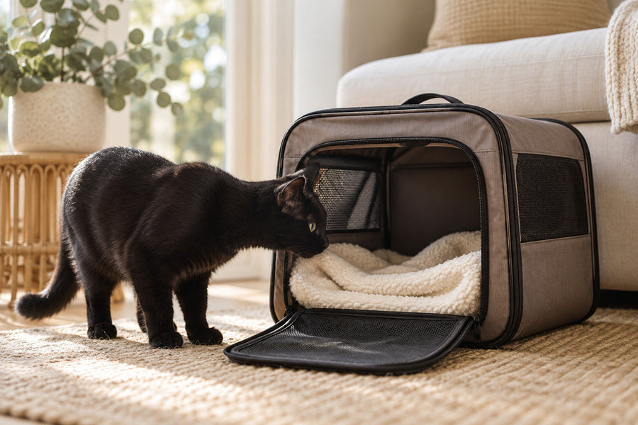 Black cat exploring an open pet carrier with a blanket inside