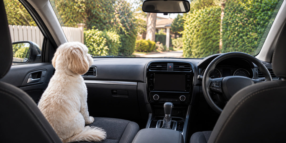 Small white dog on a car's front passenger seat looking through the windscreen