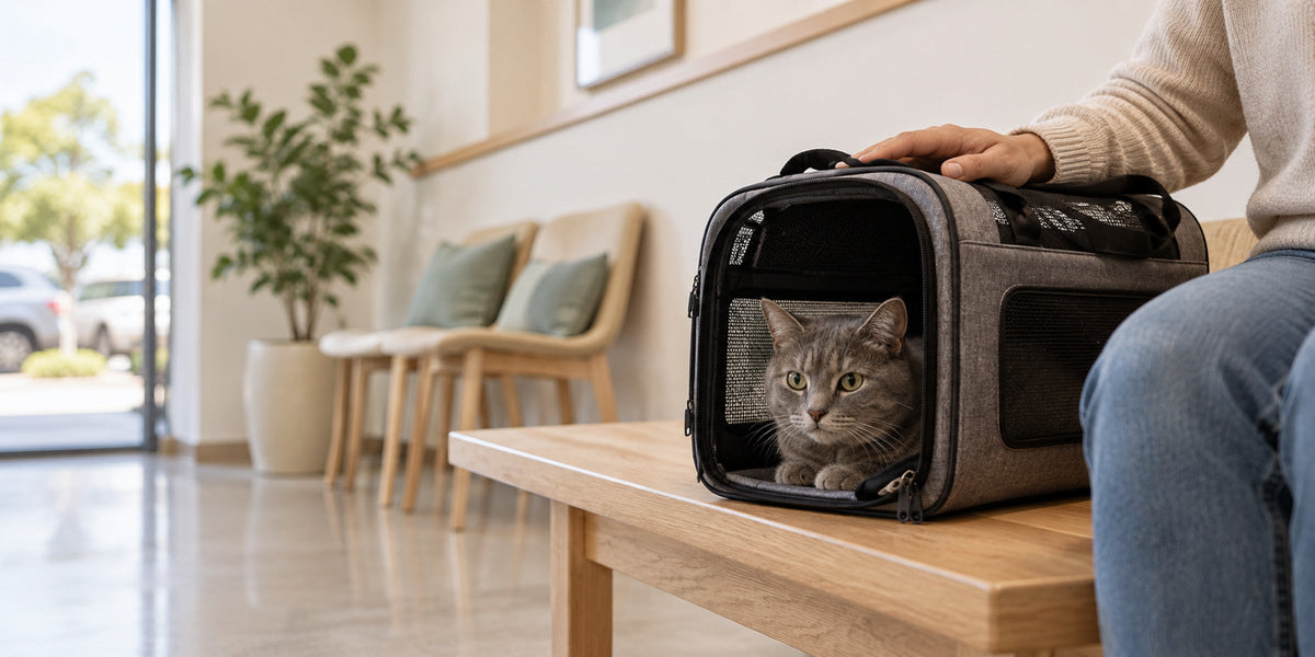 Grey cat resting in a soft carrier on a bench at the vet