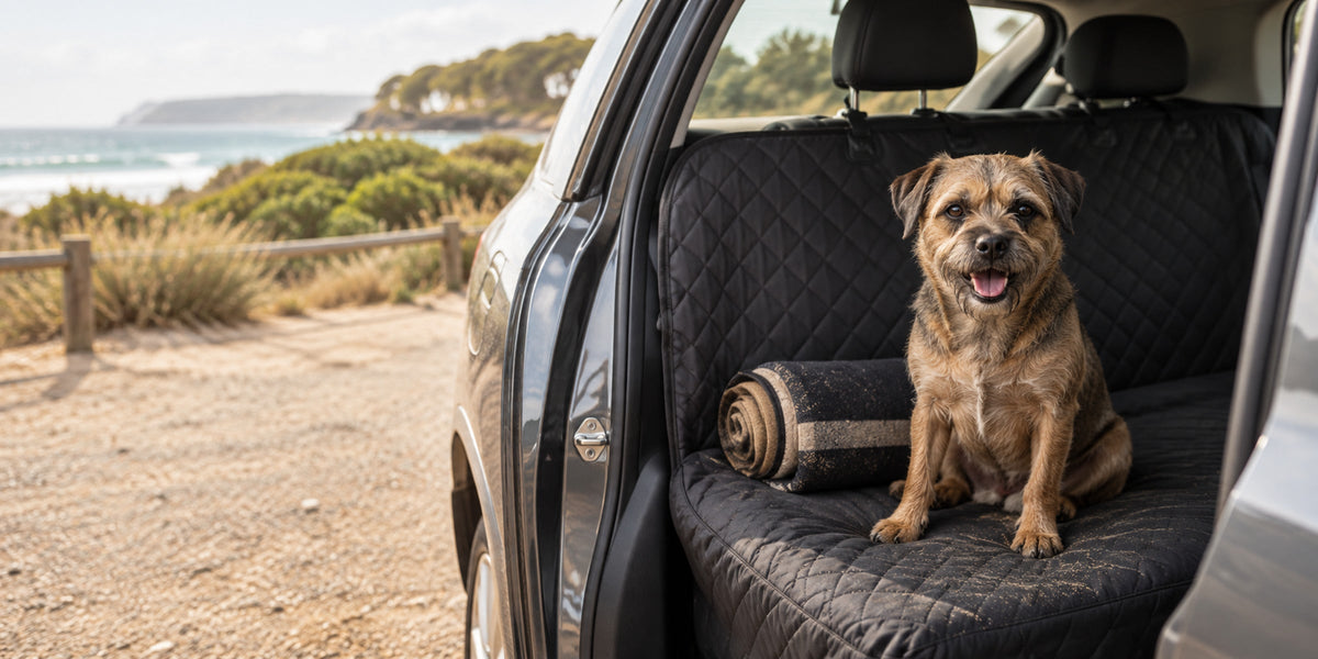 Border terrier sitting on a back-seat cover after a trip to the beach