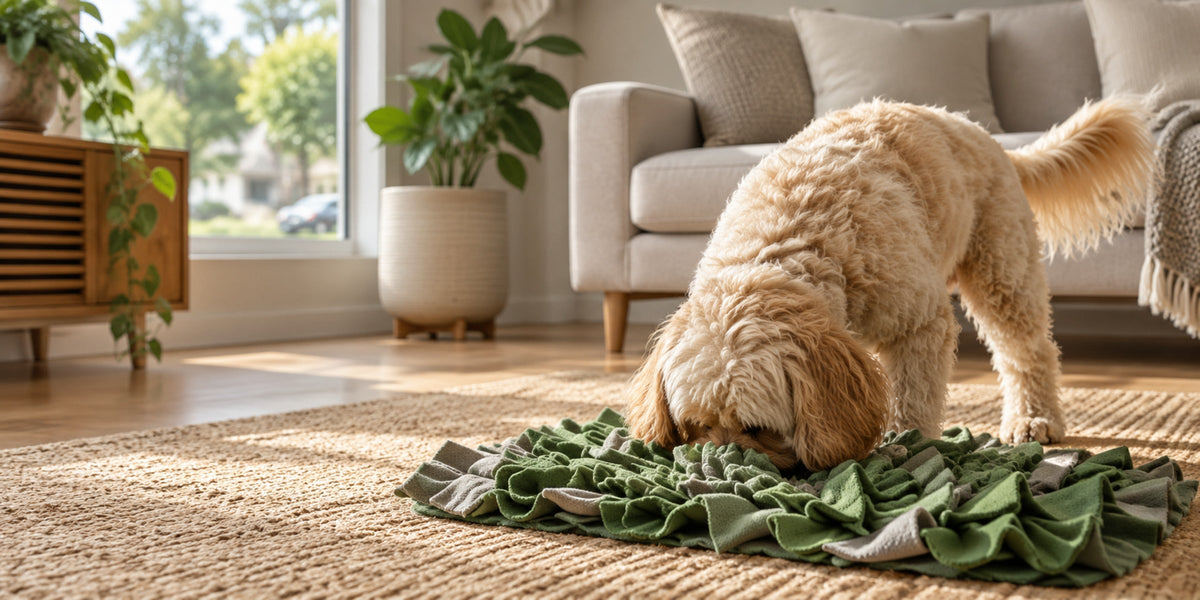 Dog sniffing for treats in a snuffle mat on a rug