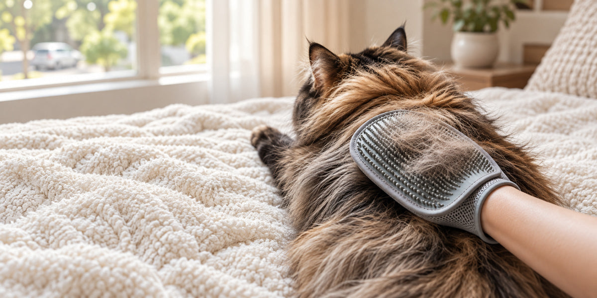 Grooming mitt lifting loose fur from a long-haired cat