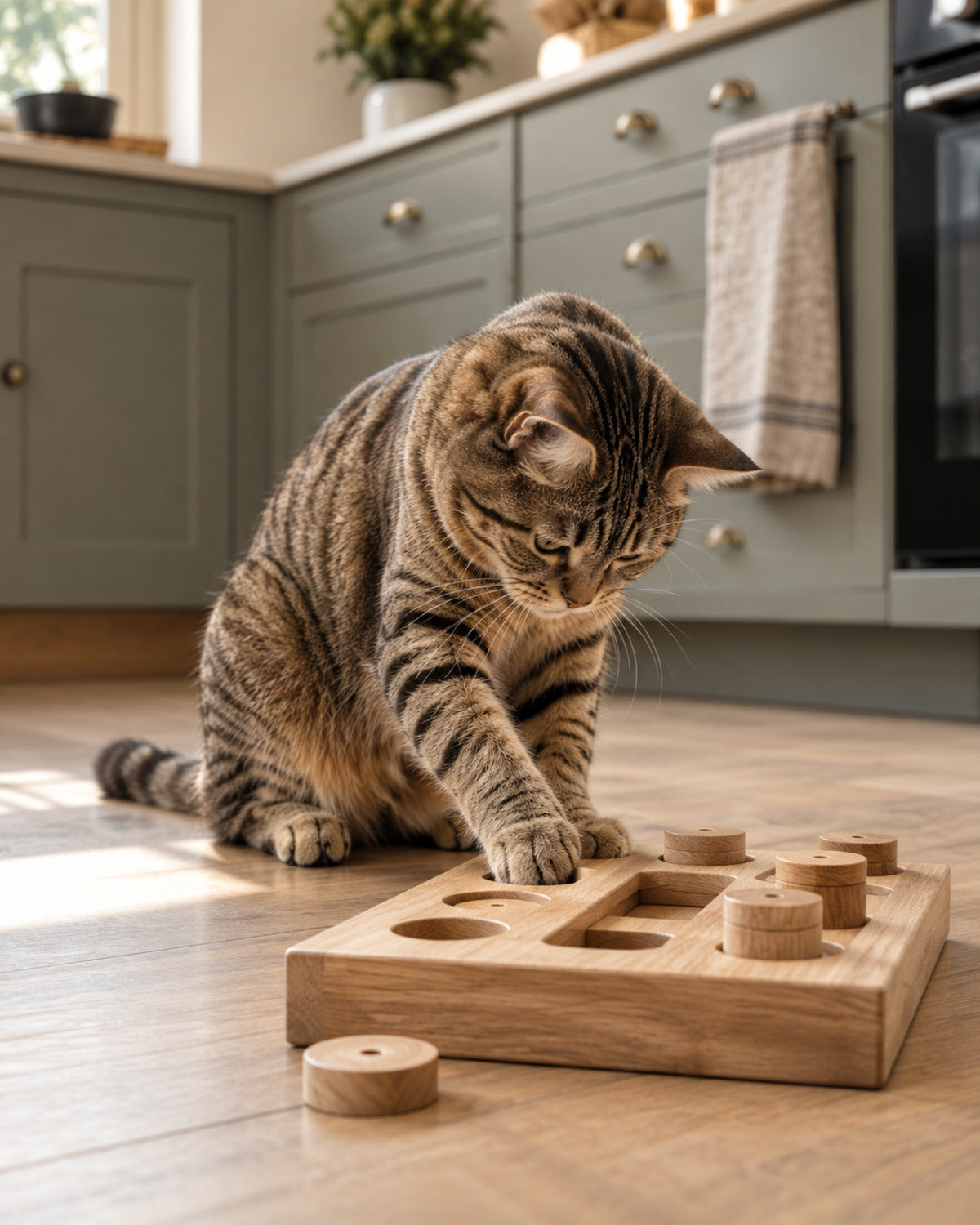 Tabby cat working a wooden treat puzzle on a kitchen floor