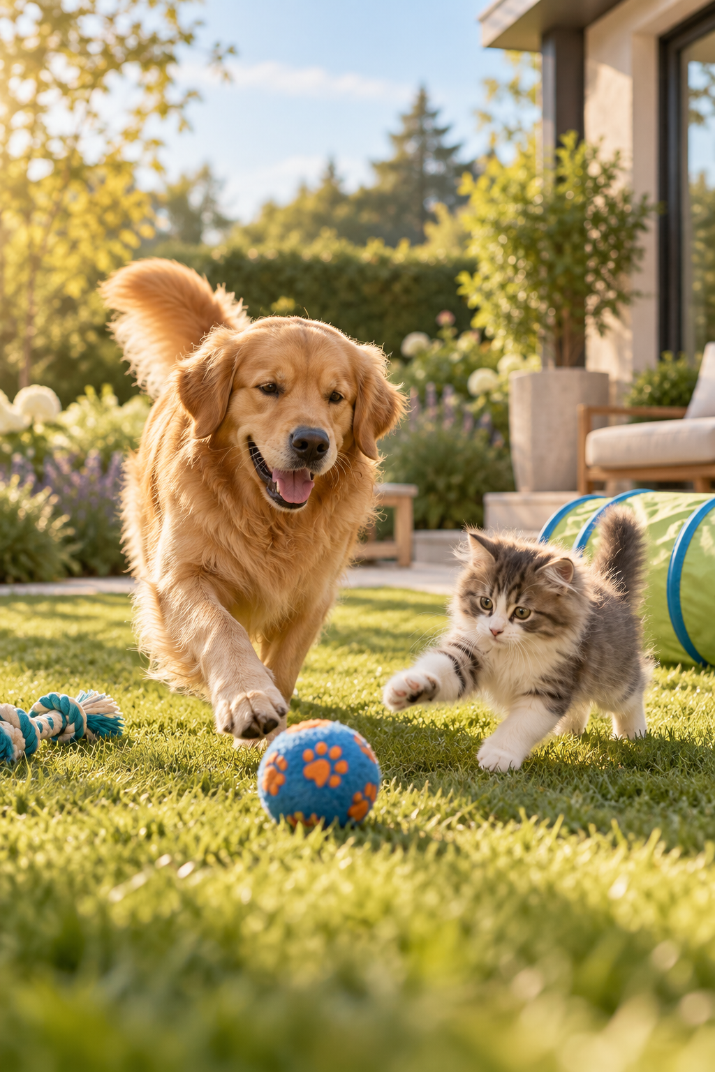 A golden retriever and a kitten playing with a ball and a rope toy on a sunlit back lawn