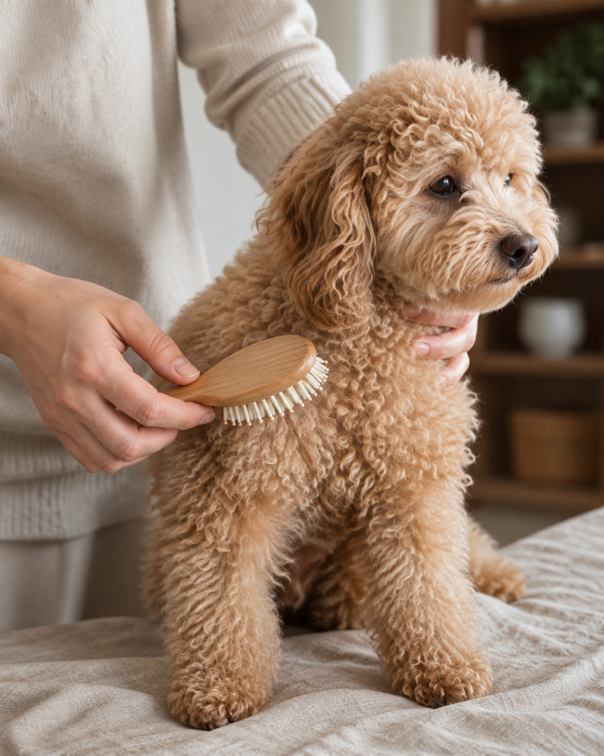 Toy poodle being brushed at home with a wooden brush