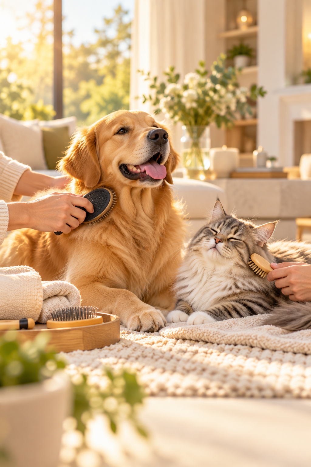 A golden retriever and a long-haired tabby being brushed on a rug in a sunlit living room