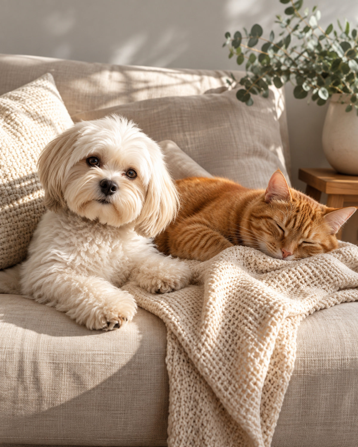 Small white dog and ginger cat relaxing together on a linen sofa