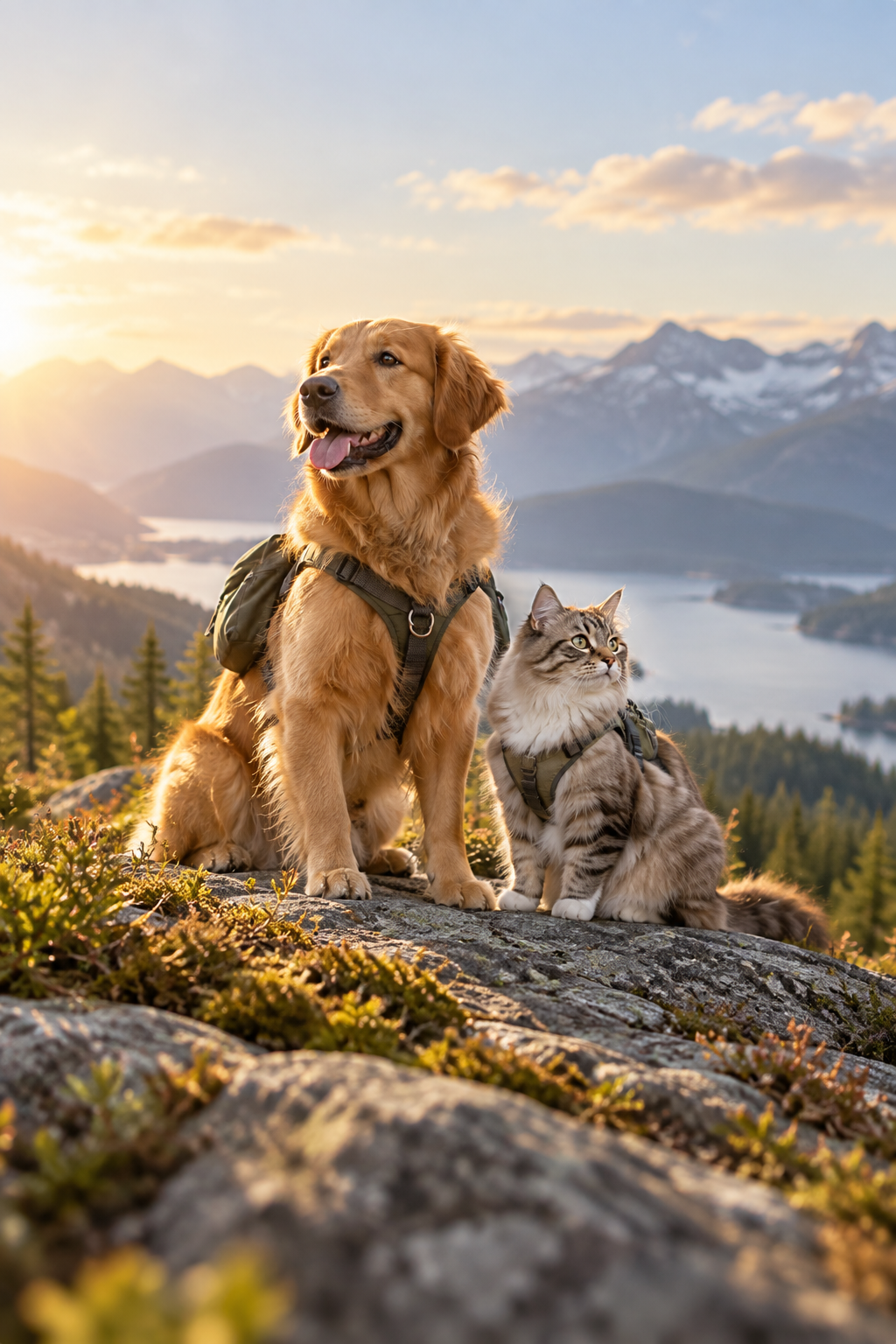 A golden retriever and a tabby cat in walking harnesses on a rocky outcrop above a lake at sunrise