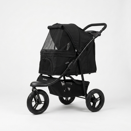 The black three-wheel pet stroller on a plain background, seen from a three-quarter angle with the canopy raised