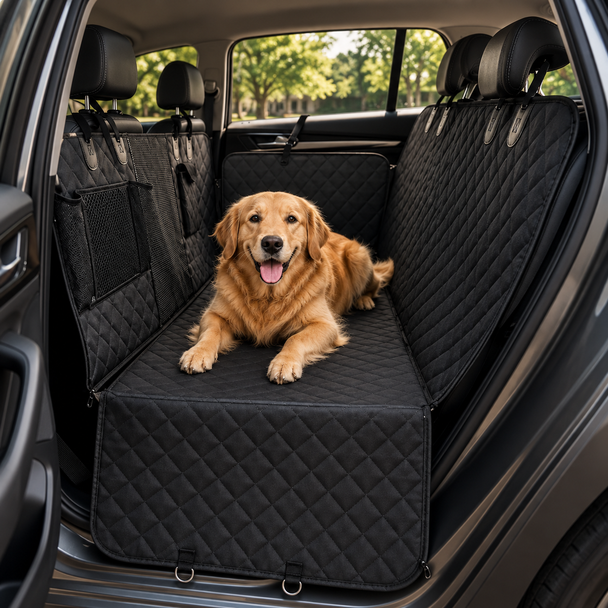 A golden retriever lying on the black quilted seat cover across a car's rear bench