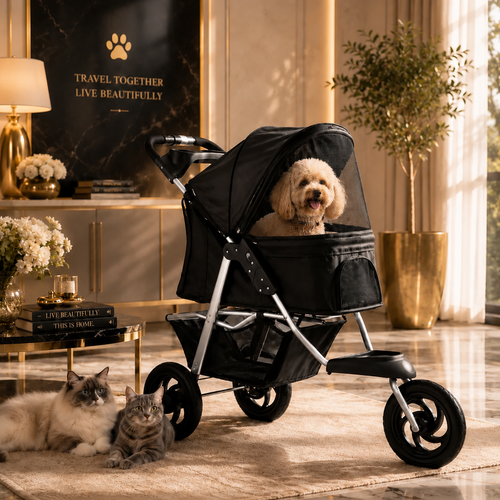 A poodle sitting in the black stroller in a living room, with two cats resting on the rug beside it