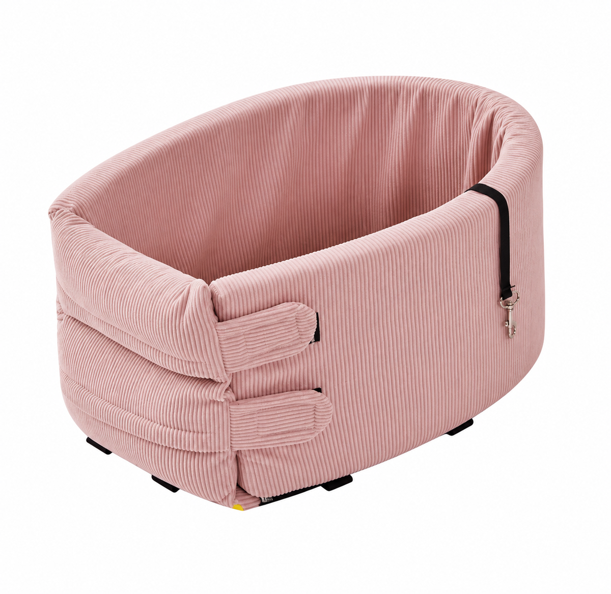 The pink corduroy travel bed on a plain background, with the tether clip visible