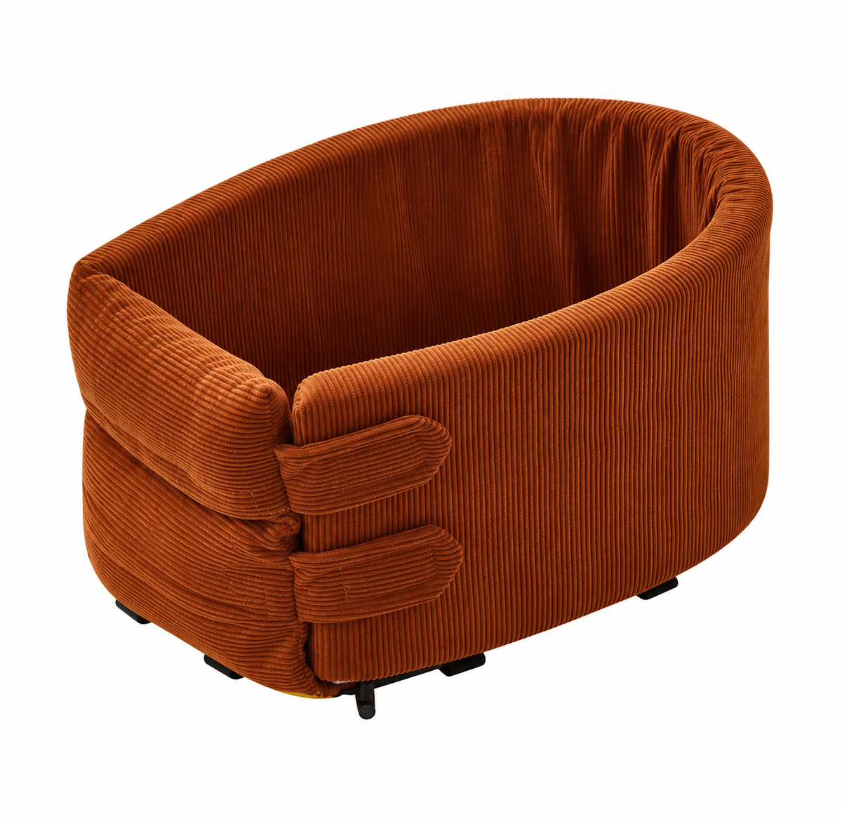 The rust corduroy travel bed on a plain background, seen from the side