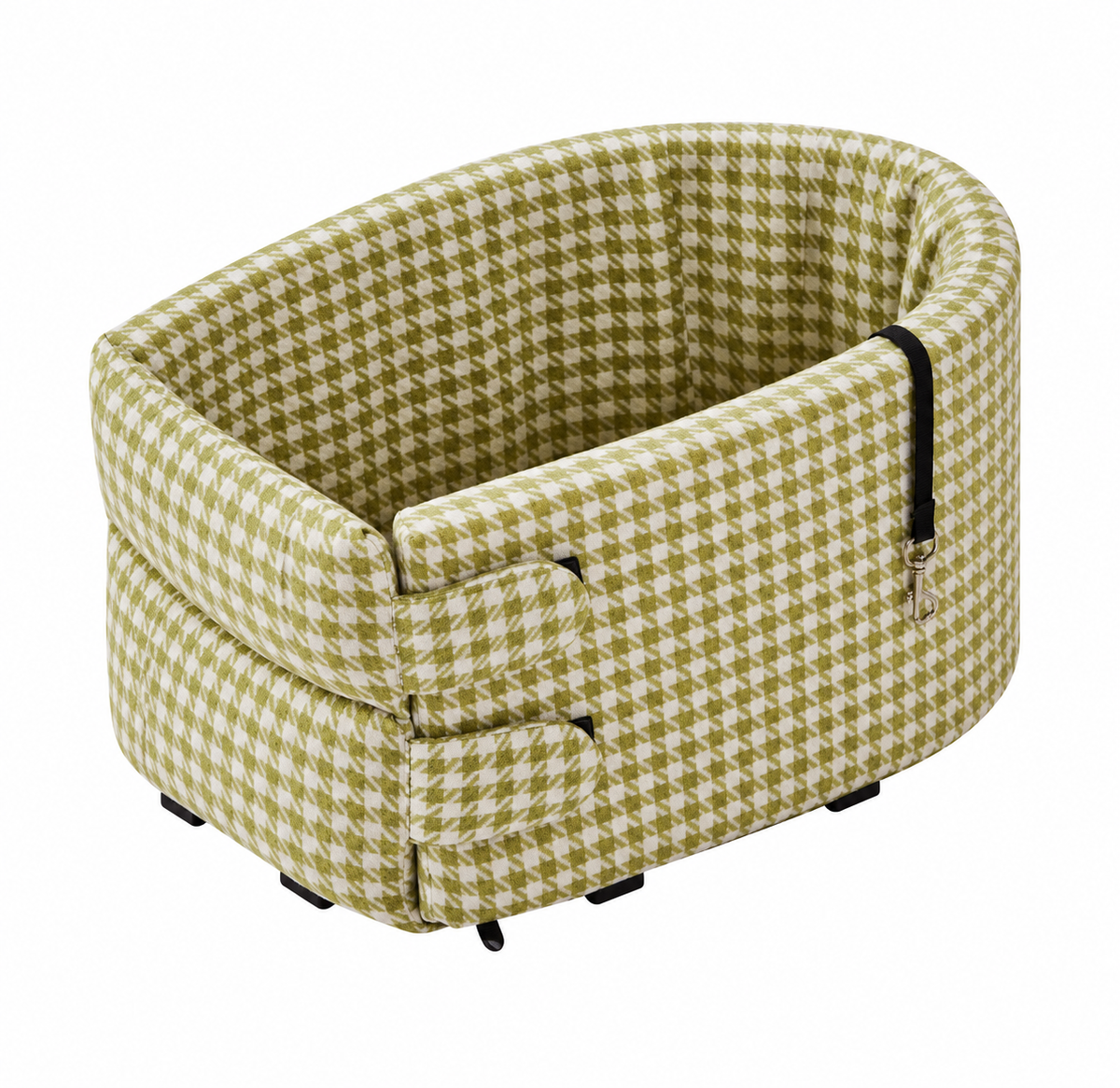 The olive houndstooth travel bed on a plain background, with the belt straps folded out