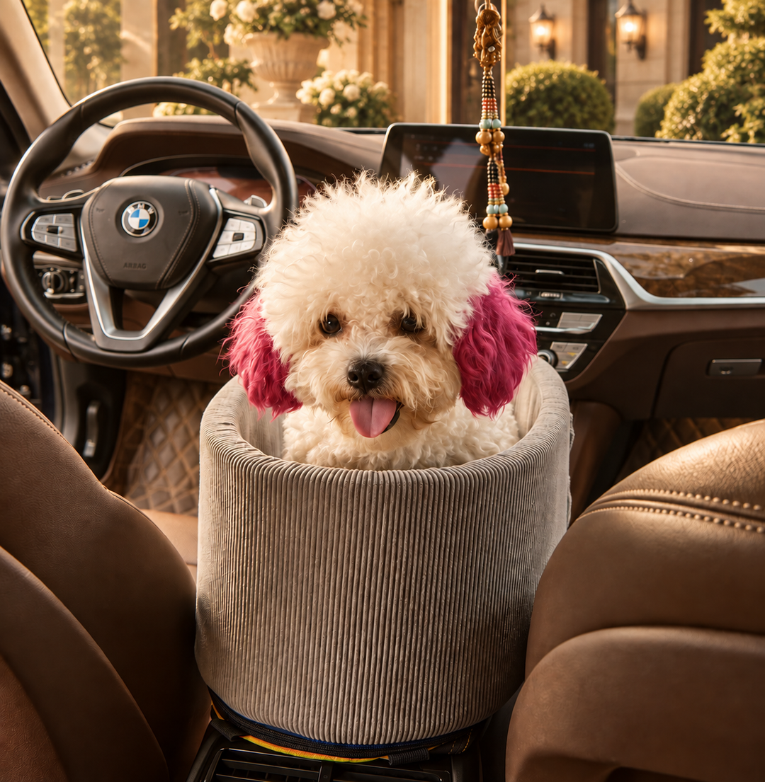 A small white dog sitting in the grey corduroy travel bed between the front seats of a car
