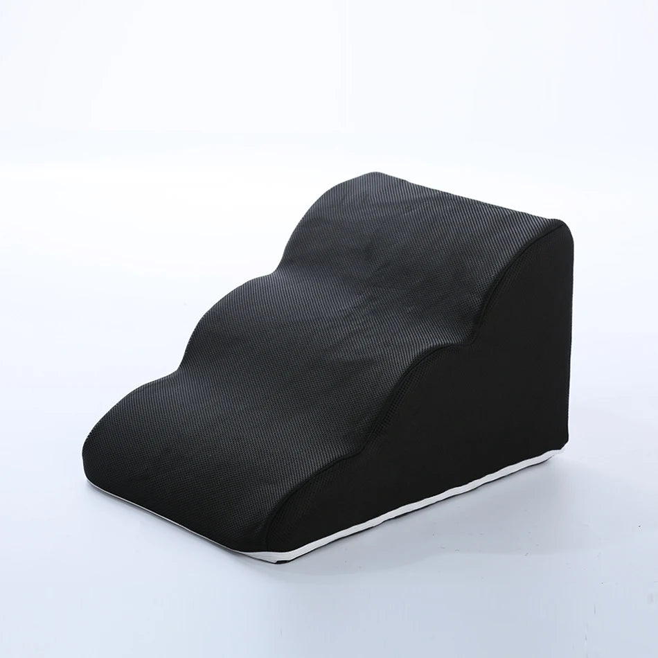 Black scalloped foam pet stairs with a breathable mesh fabric cover and white non-slip base lining. Designed with 3 gently curved steps to help small dogs and cats climb onto beds or sofas safely. | Pet Grooming | Pet Supplies and Food Australia | Pet Supplies Sydney | PetNexa Australia | Shop now