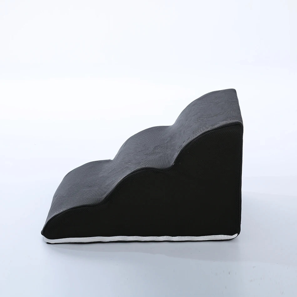 Black scalloped foam pet stairs with a breathable mesh fabric cover and white non-slip base lining. Designed with 3 gently curved steps to help small dogs and cats climb onto beds or sofas safely. | Pet Grooming | Pet Supplies and Food Australia | Pet Supplies Sydney | PetNexa Australia | Shop now