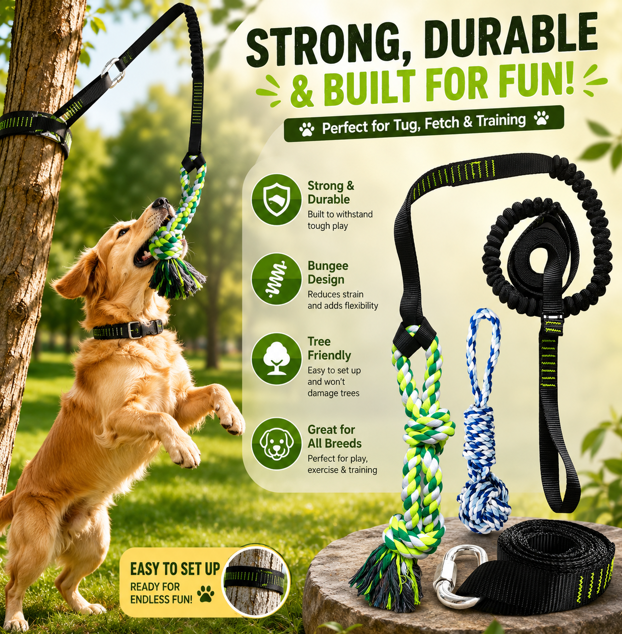 Bungee Tug Dog Toy with 2 Cotton Rope Toys – Interactive Outdoor Tug-of-War Set | For Dogs | Pet Supplies and Food Australia | Pet Supplies Sydney | PetNexa Australia | Shop now