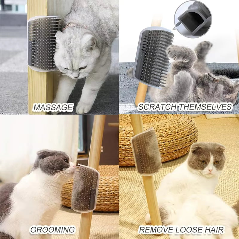 Four-panel demonstration of cats enjoying a self-grooming corner brush that provides gentle massage, scratching relief, grooming, and shedding control. Wall-mounted cat brush designed for hands-free grooming and loose hair removal. | Pet Grooming | Pet Supplies and Food Australia |  Pet Supplies Sydney | PetNexa Australia | Shop now | Pet Grooming | Pet Supplies and Food Australia | Pet Supplies Sydney | PetNexa Australia | Shop now