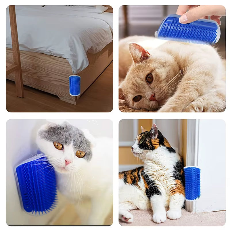 Collage demonstrating a blue wall-mounted cat self-groomer brush attached to furniture legs and corners. Cats enjoy hands-free grooming, gentle massage, scratching relief, and loose fur removal for a cleaner home and healthier coat. | Pet Grooming | Pet Supplies and Food Australia |  Pet Supplies Sydney | PetNexa Australia | Shop now | Pet Grooming | Pet Supplies and Food Australia | Pet Supplies Sydney | PetNexa Australia | Shop now