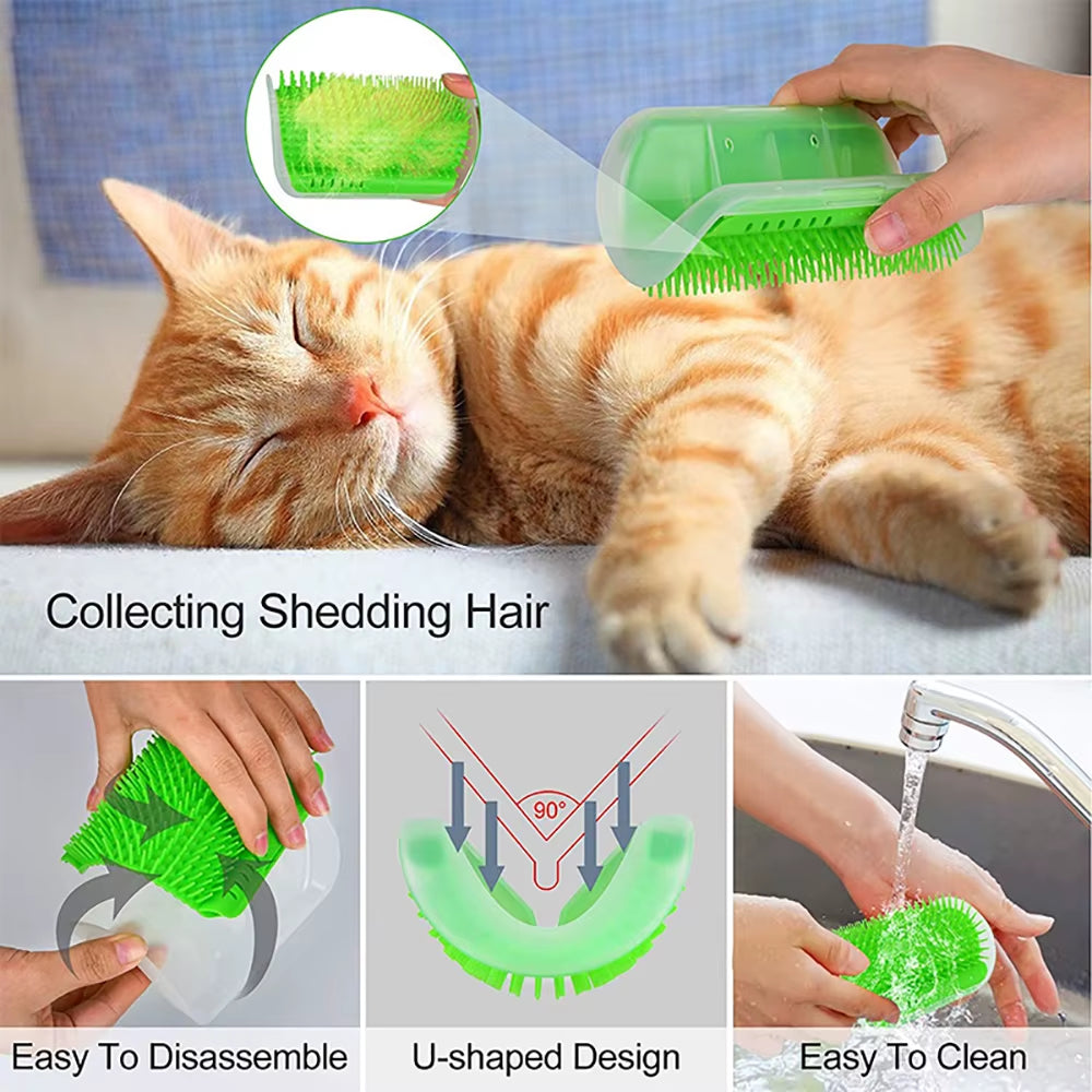 Cat enjoying a green self-grooming corner brush designed to remove loose fur, reduce shedding, and provide a gentle massage. Features a detachable brush insert, U-shaped corner design, and washable construction for easy maintenance. | Pet Grooming | Pet Supplies and Food Australia |  Pet Supplies Sydney | PetNexa Australia | Shop now | Pet Grooming | Pet Supplies and Food Australia | Pet Supplies Sydney | PetNexa Australia | Shop now