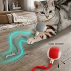 American Shorthair cat playing with an interactive, motorized cat toy on a realistic wooden living room floor. The image shows a grey and a red speed-adjustable moving toy with string tails, highlighting the "Speed adjustable" feature. | Pet Grooming | Pet Supplies and Food Australia | Pet Supplies Sydney | PetNexa Australia | Shop now