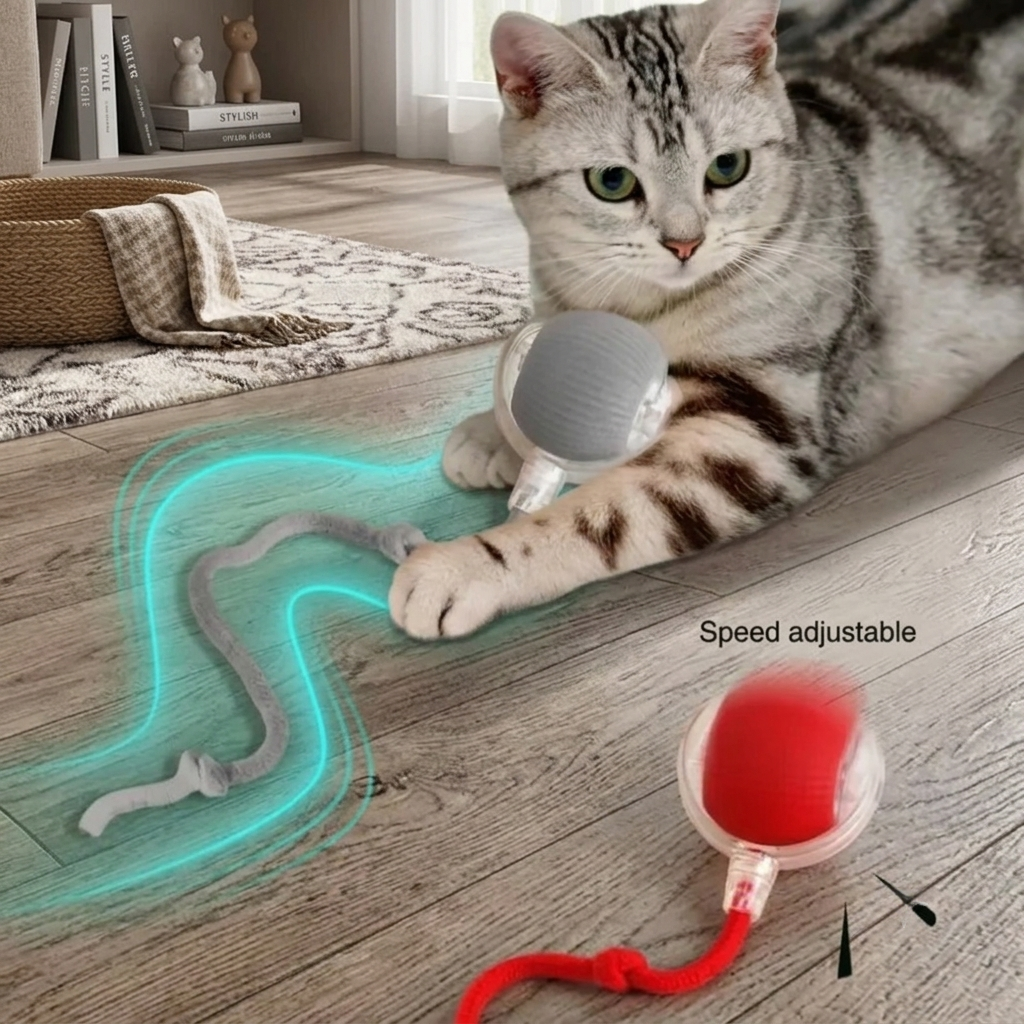 American Shorthair cat playing with an interactive, motorized cat toy on a realistic wooden living room floor. The image shows a grey and a red speed-adjustable moving toy with string tails, highlighting the "Speed adjustable" feature. | Pet Grooming | Pet Supplies and Food Australia | Pet Supplies Sydney | PetNexa Australia | Shop now