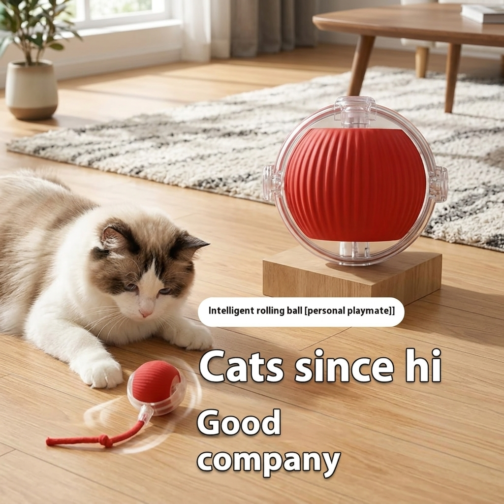 Cat playing with a red intelligent rolling ball toy on a wooden floor. | Pet Grooming | Pet Supplies and Food Australia | Pet Supplies Sydney | PetNexa Australia | Shop now