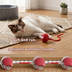 American Shorthair cat interacting with a red, motorized rolling ball toy on a light wood floor. Features red text overlay indicating "Touch and run" and "5 minutes automatic standby." A detailed visual sequence at the bottom shows the red ridged toy moving along an illuminated track. | Pet Grooming | Pet Supplies and Food Australia | Pet Supplies Sydney | PetNexa Australia | Shop now