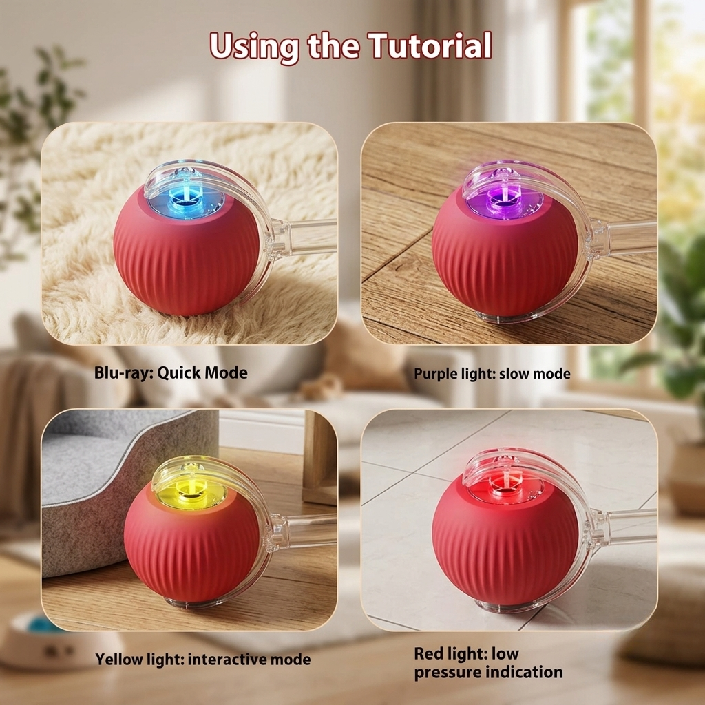 Red ball with light indicators on a wooden surface, showing different modes. | Pet Grooming | Pet Supplies and Food Australia | Pet Supplies Sydney | PetNexa Australia | Shop now