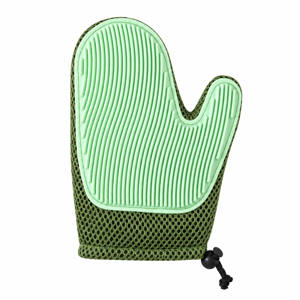 The green mitt, with wavy rubber ribs on a dark green mesh body and a drawcord toggle at the cuff
