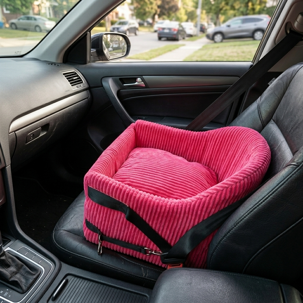 Pink pet seat cover on a car seat with a blurred street scene outside