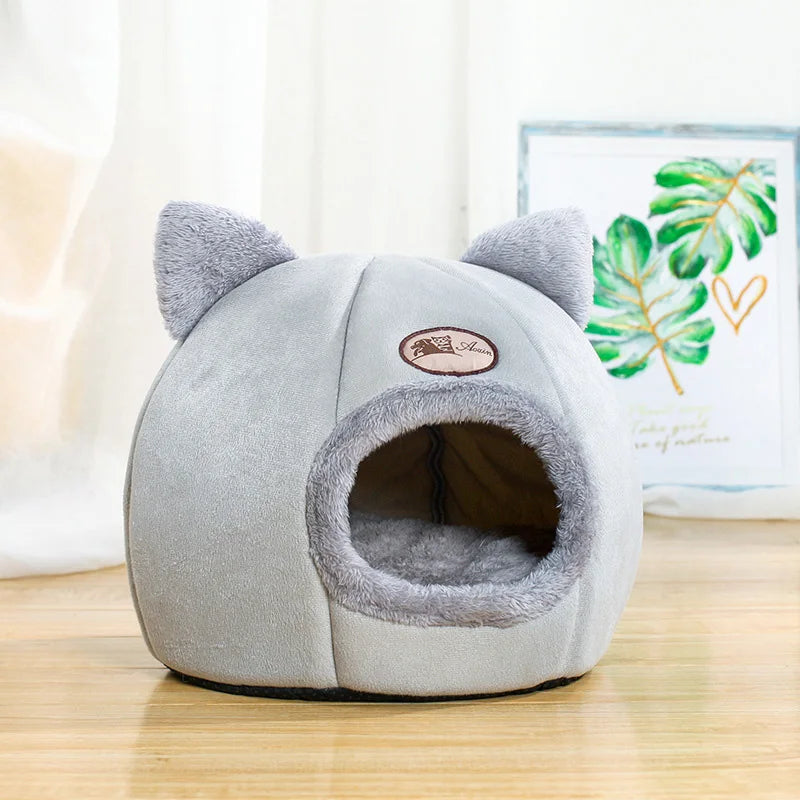 Gray enclosed cat cave bed with cute cat-ear design, plush interior lining, and cozy hideaway entrance, providing a warm and secure resting space for cats and kittens. | Pet Grooming | Pet Supplies and Food Australia | Pet Supplies Sydney | PetNexa Australia | Shop now
