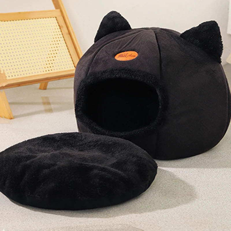 Black enclosed cat cave bed with cat-ear accents and a removable plush cushion, providing a warm, private, and comfortable sleeping space for cats and kittens. | Pet Grooming | Pet Supplies and Food Australia | Pet Supplies Sydney | PetNexa Australia | Shop now