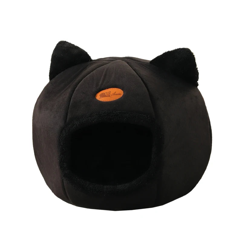 Black enclosed cat cave bed with cat-ear accents and a removable plush cushion, providing a warm, private, and comfortable sleeping space for cats and kittens. | Pet Grooming | Pet Supplies and Food Australia | Pet Supplies Sydney | PetNexa Australia | Shop now