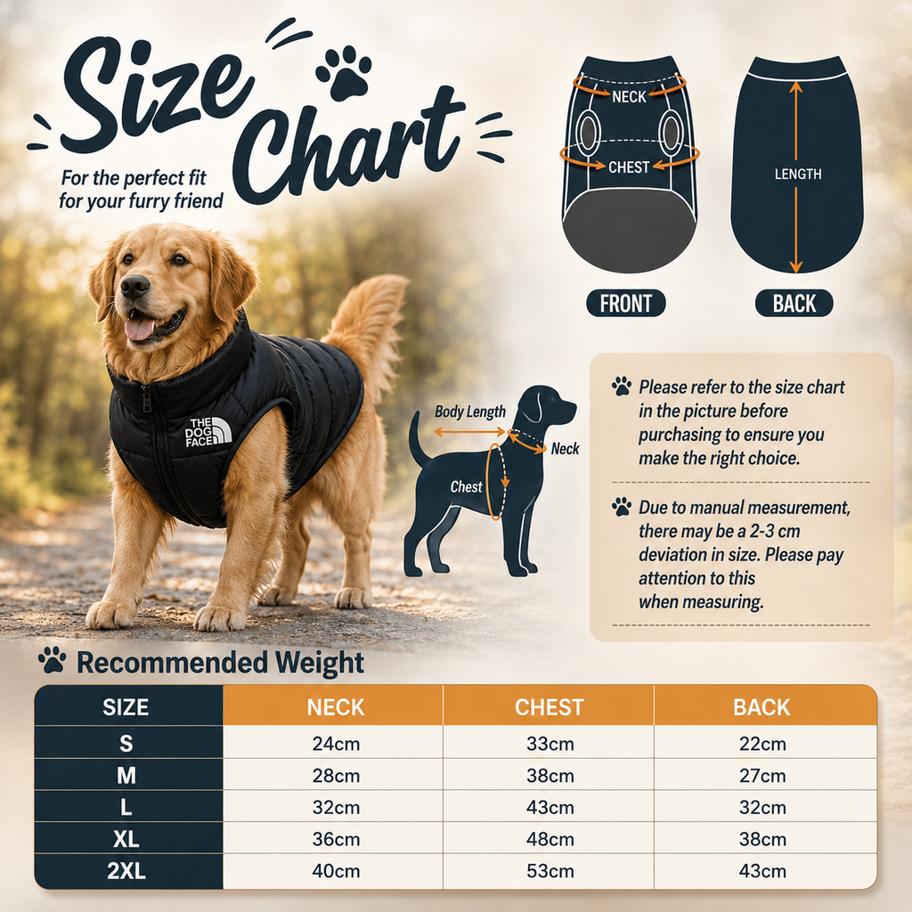 Dog size chart with a Golden Retriever wearing a black coat, showing measurements for neck, chest, and back.
