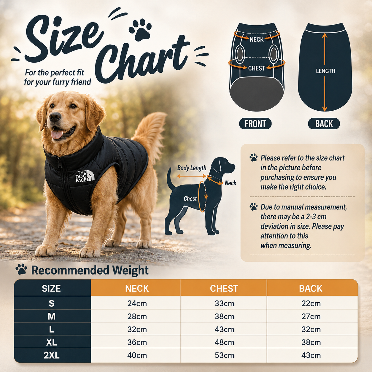 Dog size chart with a Golden Retriever wearing a black coat, showing measurements for neck, chest, and back.