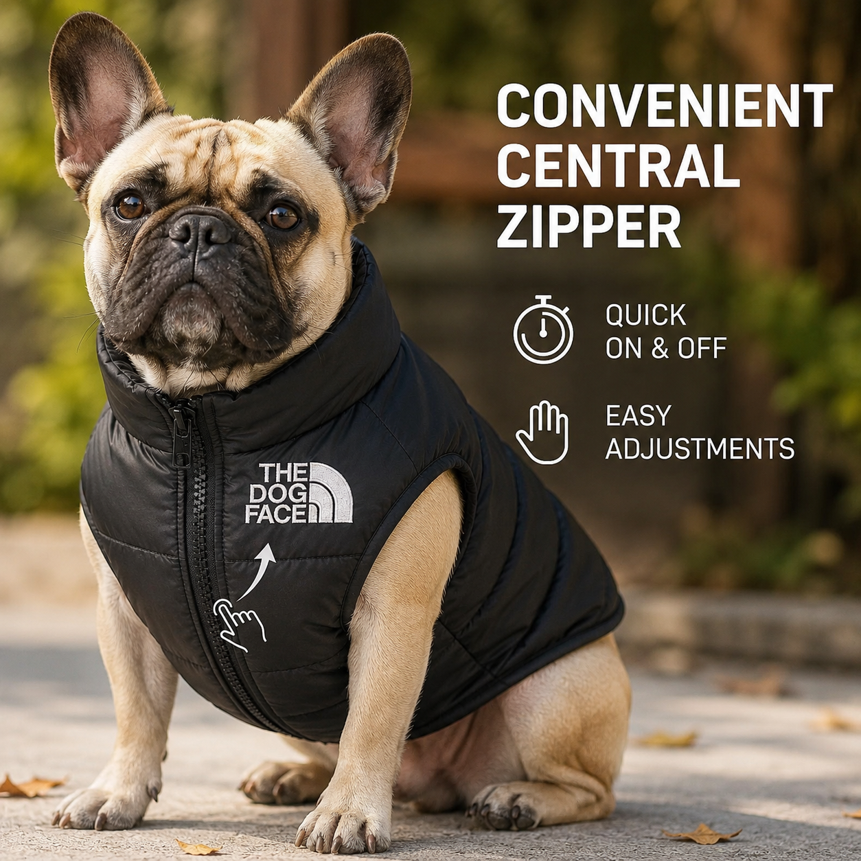 Dog wearing a black puffer vest with 'The Dog Face' branding, standing outdoors.