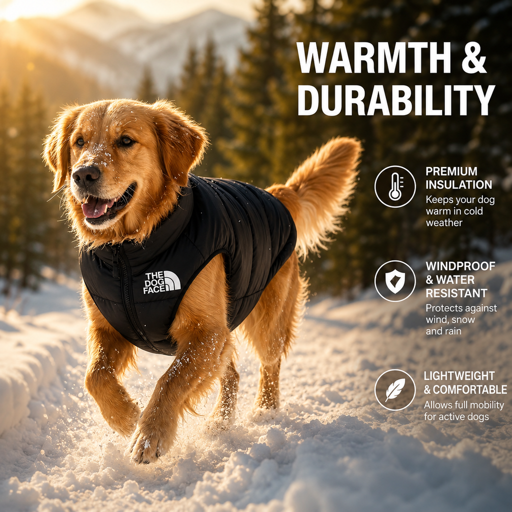 Dog wearing a black jacket in a snowy landscape with text about warmth and durability.