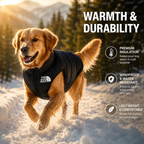 Dog wearing a black jacket in a snowy landscape with text about warmth and durability.