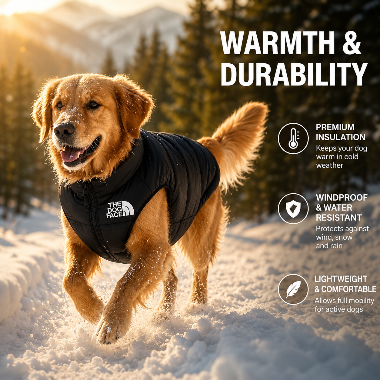 Dog wearing a black jacket in a snowy landscape with text about warmth and durability.
