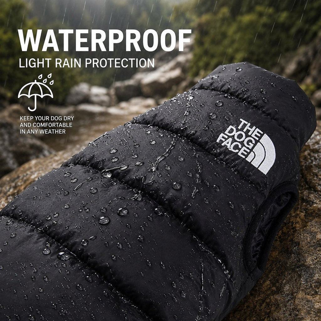 Black puffer jacket with rain protection features on a rocky background