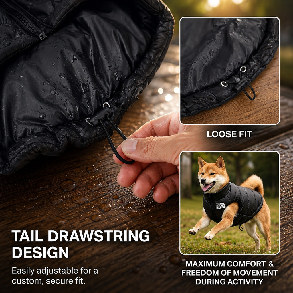 Dog coat with tail drawstring design, loose fit, and maximum comfort features.